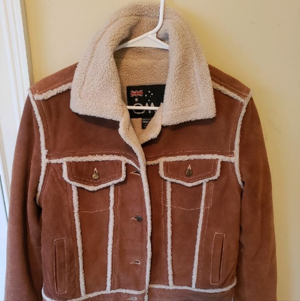 NWOT Emu Genuine Suede Leather Sheepskin Fleece Shearling Bomber Jacket Coat L